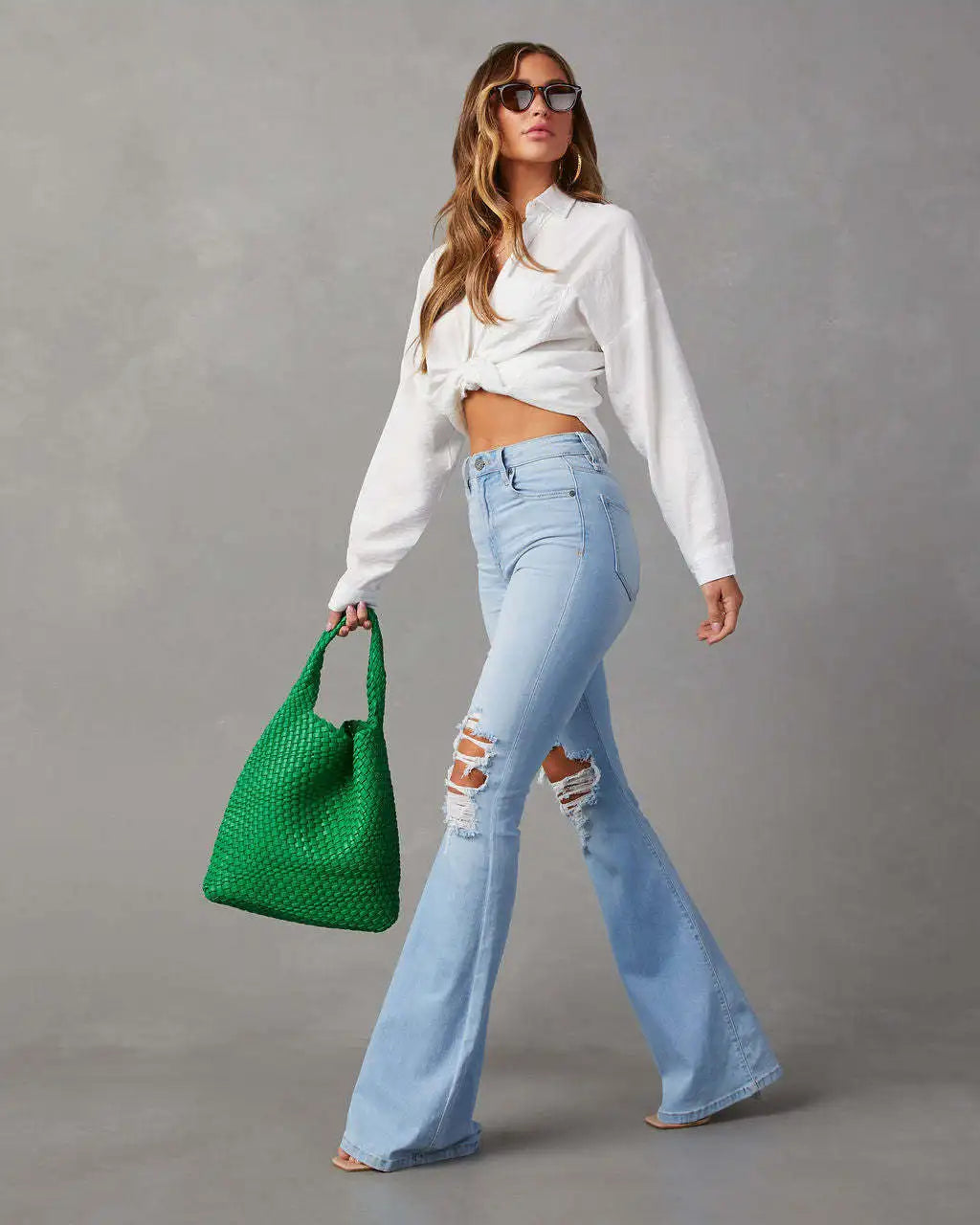 Casual Long Flare High Waist Denim Blue Jeans for Women