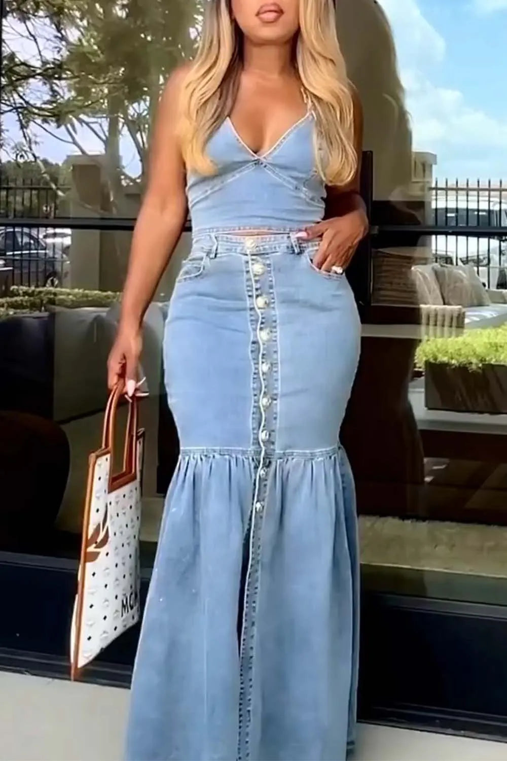 Denim Two Piece V-Neck Sexy Mermaid Skirt and Halter Cropped Top Matching Set Casual Vintage Fashion Outfits