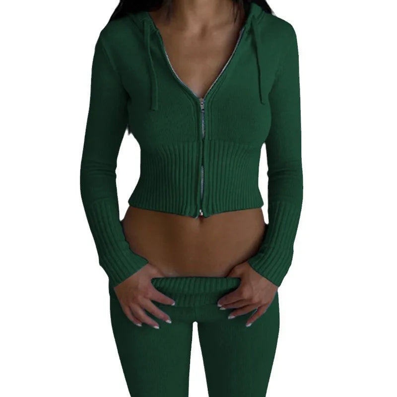 Trendy Knit Ribbed  Long Sleeve Zip Up Slim Fit Hooded Crop Tops + High Waist Long Pants