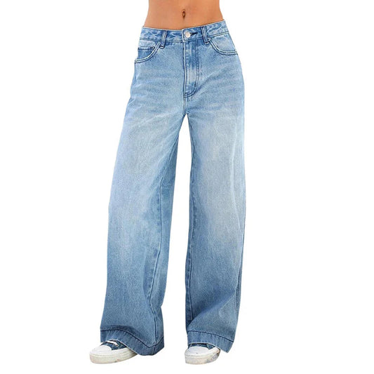 High Waist Loose Casual Wide Leg Denim Blue Jeans