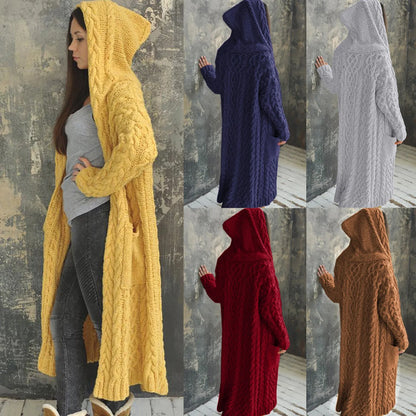 Casual Comfortable Thickened Warm Long Hooded Knit Cardigan Sweater Jackets