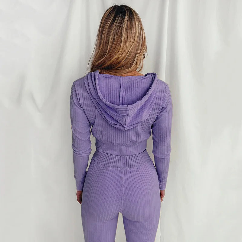 Trendy Knit Ribbed  Long Sleeve Zip Up Slim Fit Hooded Crop Tops + High Waist Long Pants