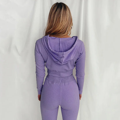 Trendy Knit Ribbed  Long Sleeve Zip Up Slim Fit Hooded Crop Tops + High Waist Long Pants