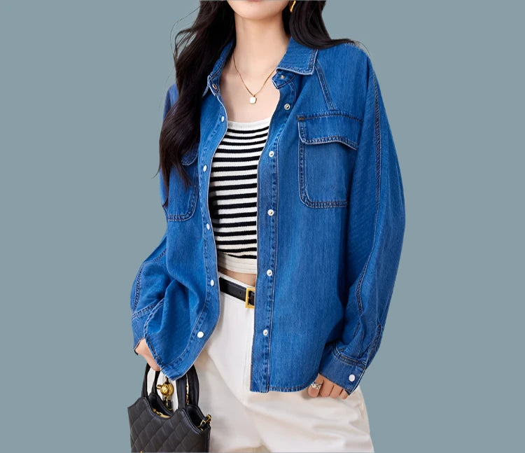 HHQ Casual Chic Vintage Denim Long Sleeve Button-up Shirt