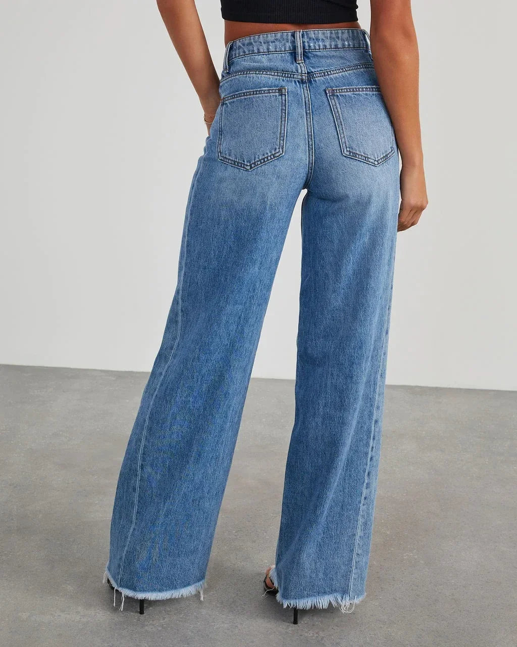 Kalenmos Wide Leg Splice Casual Loose Denim Blue Jeans