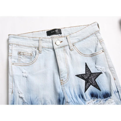 Men's Embroidered Five-Pointed Star High  Fashion Elastic Slim Fit Denim Blue Jeans