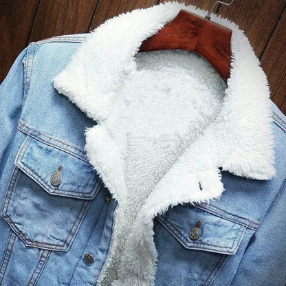 Men's Winter Casual Fleece Lining Thickened Sheep Denim Blue Jean Jacket