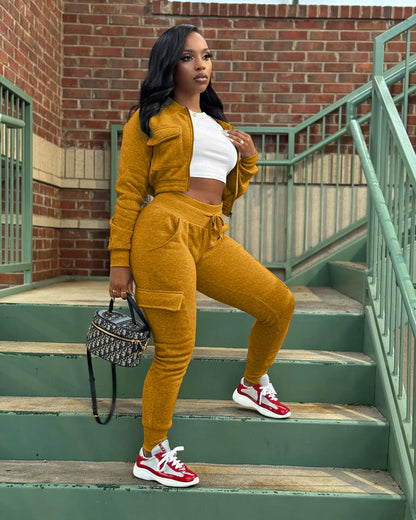 Sporty Two-Piece Cropped Jacket & High Waist Pocketed Jogger Pants