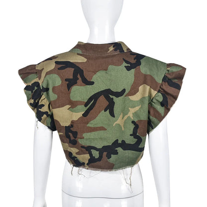 DEAT Camouflage Turn-down Collar Butterfly Sleeve Single Breasted Jacket