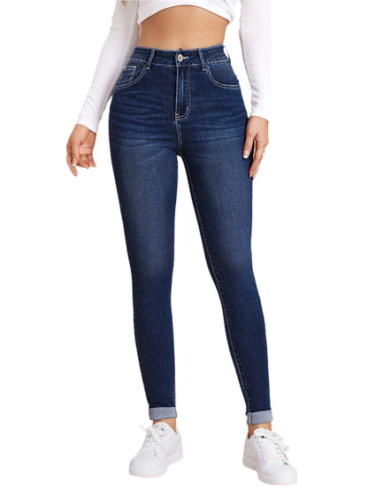 Plain Dark Blue Stretchy Skinny Fit Jeans, High Rise