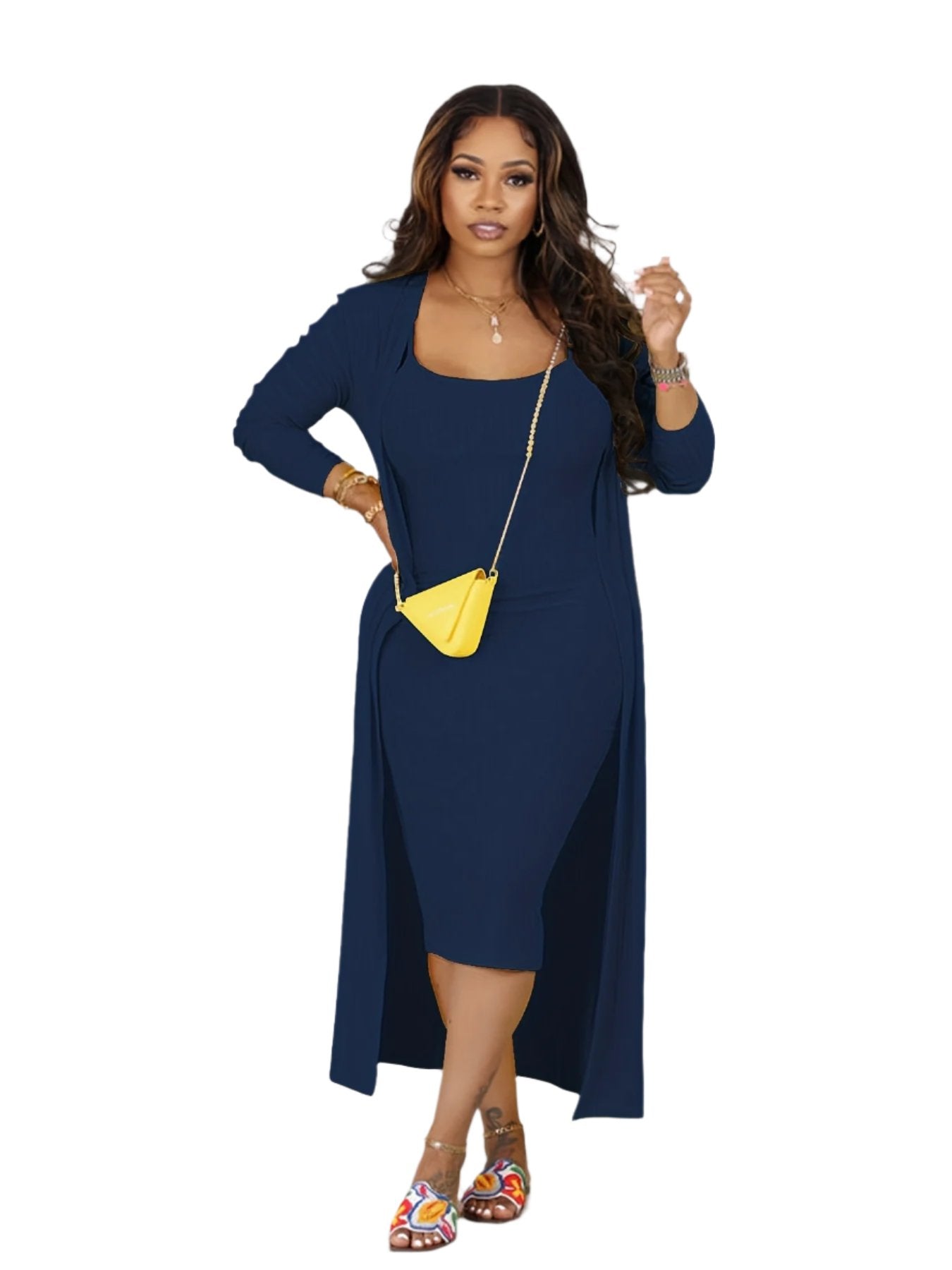 Casual Solid Ribbed Two-piece Dress Set, Long Sleeve Cardigan & Bodycon Cami Dress Outfits, Women's Clothing