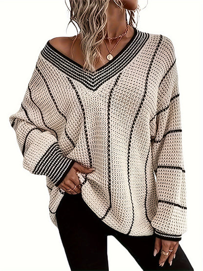 Cozy Striped V Neck Oversized Sweater - Pullovers for Women - Soft, Casual, Long Sleeve, Comfy, Relaxed Fit, Winter Essential Clothing