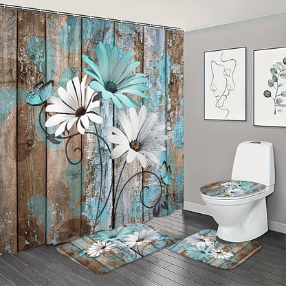 4pcs Daisy Pattern Wooden Board Printed Shower Curtain Set - Waterproof Bathroom Partition Curtain with Rust-Resistant Hooks, Non-Slip Bath Rug, U-Shape Toilet Mat, and Toilet Lid Cover Mat for a Safe and Stylish Bathroom - E