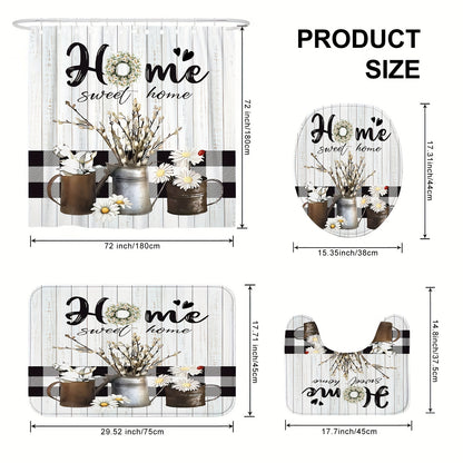 1/4pcs Deluxe White Daisy Pattern Shower Curtain Set