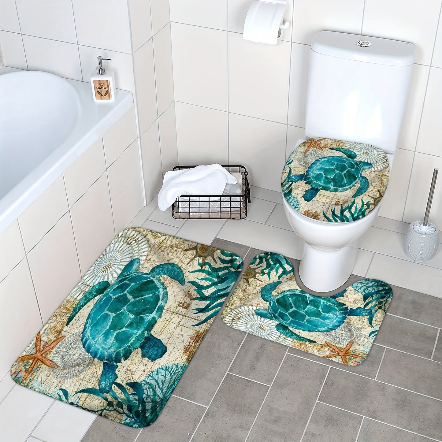 4pcs Luxurious Turtle Seaweed Pattern Shower Curtain Set - Waterproof Bathroom Essentials with U-Shaped Mat, Toilet Cover Mat, L-Shaped Mat, Hooks, and Stylish Home Decorations