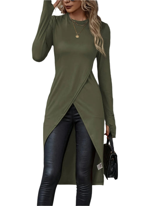 Elegant Solid Color Tunics - Soft Long Sleeve Crew Neck T-Shirts with Cross Hem Design for Women - Perfect for Spring and Fall Season, Casual Everyday Wear, Comfortable and Versatile Clothing