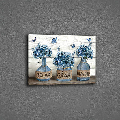 1pc Rustic Country Blue Hydrangea Bathroom Wall Art, Wooden Framed Canvas Painting, 11.8inch*15.7inch