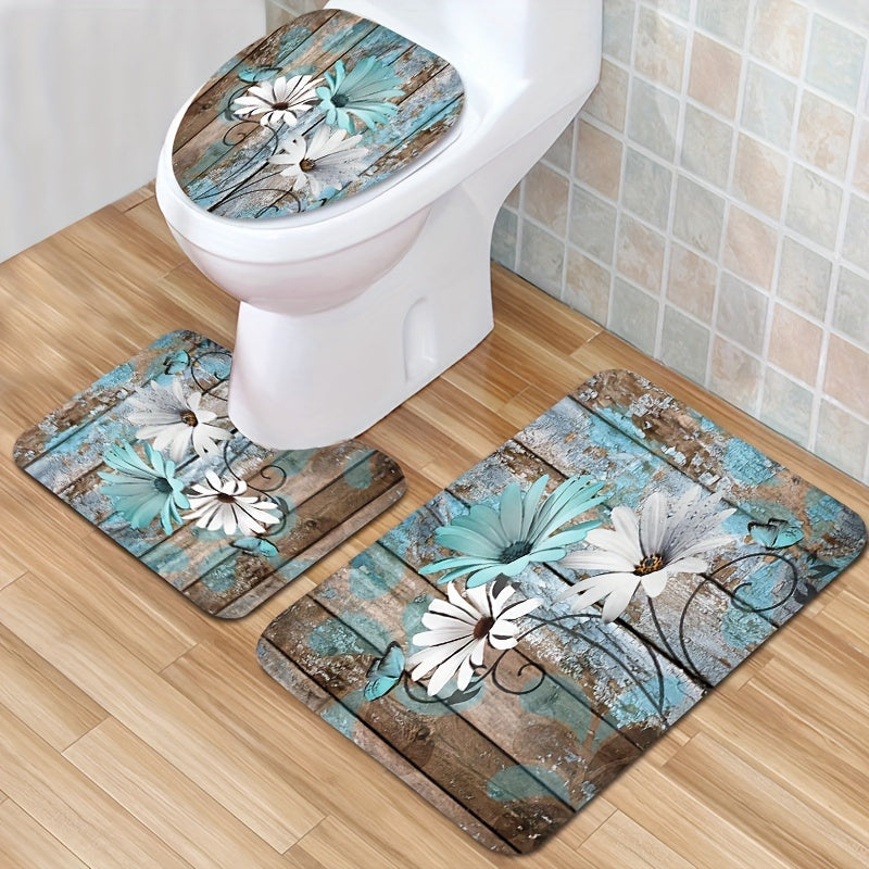 4pcs Daisy Pattern Wooden Board Printed Shower Curtain Set - Waterproof Bathroom Partition Curtain with Rust-Resistant Hooks, Non-Slip Bath Rug, U-Shape Toilet Mat, and Toilet Lid Cover Mat for a Safe and Stylish Bathroom - E