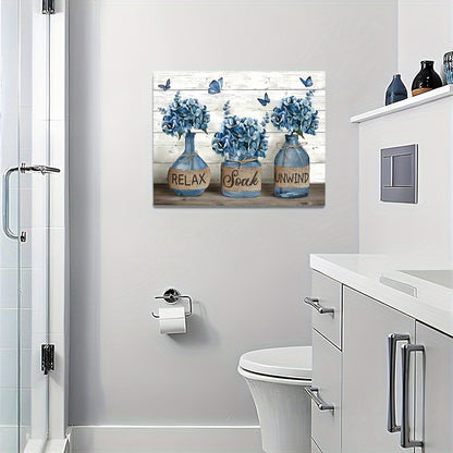 1pc Rustic Country Blue Hydrangea Bathroom Wall Art, Wooden Framed Canvas Painting, 11.8inch*15.7inch