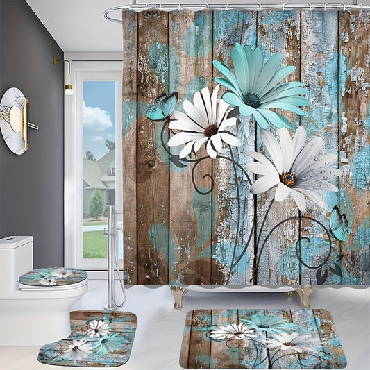 4pcs Daisy Pattern Wooden Board Printed Shower Curtain Set - Waterproof Bathroom Partition Curtain with Rust-Resistant Hooks, Non-Slip Bath Rug, U-Shape Toilet Mat, and Toilet Lid Cover Mat for a Safe and Stylish Bathroom - E