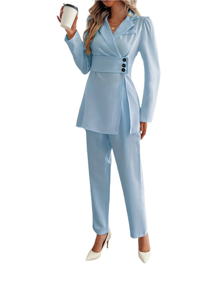 Elegant Solid Color Two Piece Set, Long Sleeve Skinny Slim Coat Suit Top & Wide Leg Pants, Women's Clothing