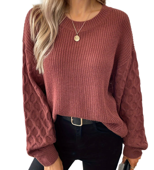 Elegant All-Season Crew Neck Knit Sweater - Cozy Women's Pullover with Chic Geometric Lantern Sleeves & High Stretch Fabric