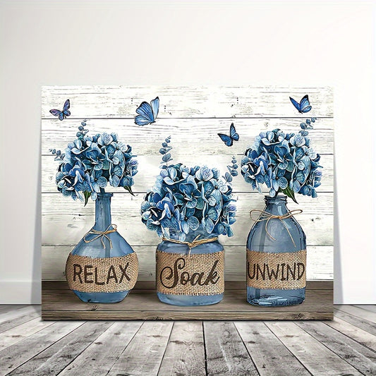 1pc Rustic Country Blue Hydrangea Bathroom Wall Art, Wooden Framed Canvas Painting, 11.8inch*15.7inch