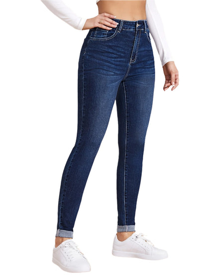 Plain Dark Blue Stretchy Skinny Fit Jeans, High Rise